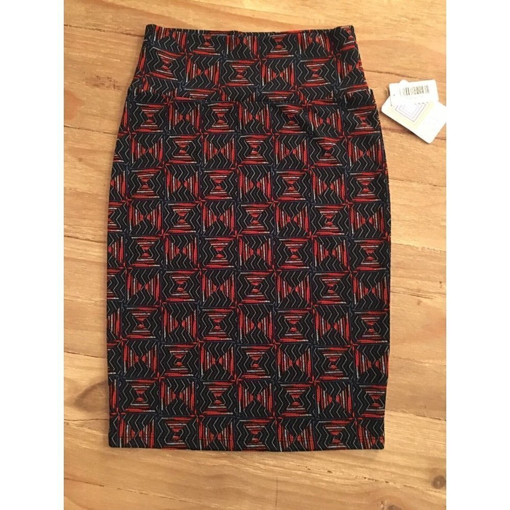 LuLaRoe CASSIE Skirt Blue Black Red Geometric Squares Print Size XS NEW